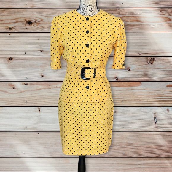 Vintage Dresses & Skirts - VINTAGE • Yellow with Black Polkadot Skirt set, puff sleeves size 5